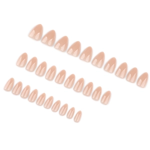 Minimalist glossy nude pink almond shaped press-on nails set on white background