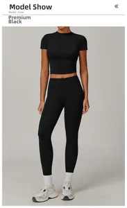 Close-up of premium black brushed yoga set featuring slim fit round neck crop top and leggings