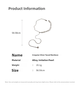 Detailed technical view of silver tassel necklace showing dimensions and weight metrics