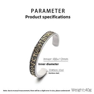 Detailed specs of Viking Odin rune stainless steel cuff with Triquetra knot symbols