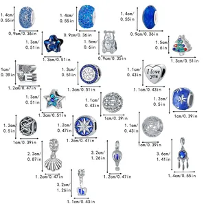 Detailed size chart for blue Christmas advent calendar beads and charms with dimensions