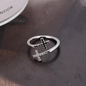 Minimalist silver cross open ring with black and white cubic zirconia crystals