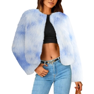 Detail of blue and white gradient faux fur texture on a short winter coat
