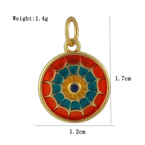 Detail showing 1.7cm round 18K gold-plated colorful enamel pendant with 1.4g weight