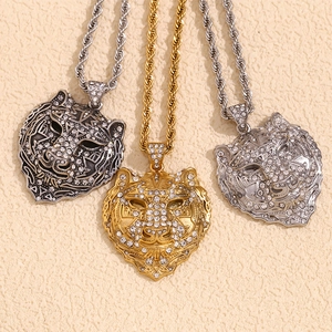 Hip hop tiger head pendants with rhinestones on twist chains in gold and silver