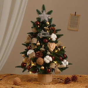 Mini tabletop Christmas tree with LED lights, pine cones, and wood base for DIY decor