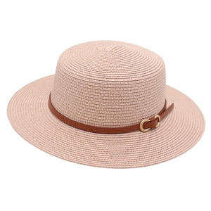 Women's light pink flat top straw sun hat with wide brim and leather buckle detail
