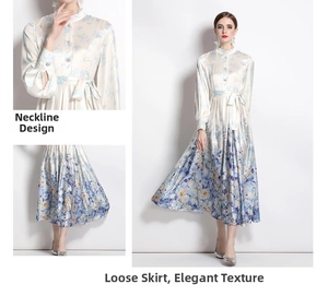 Detailed views of a floral satin maxi dress with mandarin collar and lantern sleeves