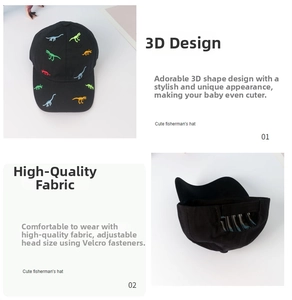 Detail of colorful dinosaur embroidery and adjustable velcro strap on black kids baseball cap