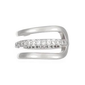 Macro view of a silver-colored multi-layer ear cuff featuring pave-set cubic zirconia