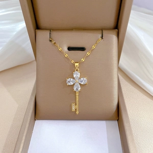 Flower Key Pendant Necklace Titanium Steel Chain Copper Zircon Four Leaf Clover Elegant Jewelry For Women