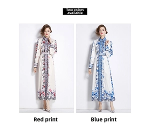 Detail view of floral print maxi dresses with stand collar and button-down front details