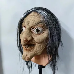 Realistic scary witch mask with long grey hair and wrinkled latex skin for Halloween party