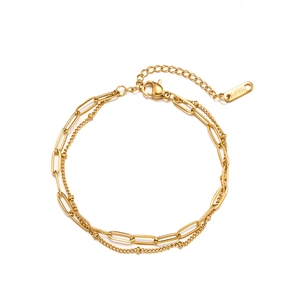 Golden double-layer stainless steel bracelet featuring paperclip and bead chains