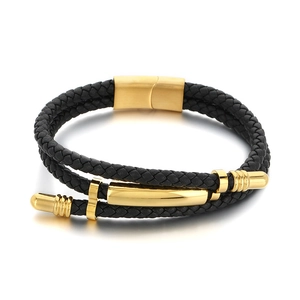 Men's double-layered braided black leather bracelet with gold stainless steel magnetic clasp