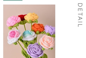 Close-up of hand-knitted crochet roses showing detailed yarn texture and vibrant colors