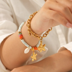 Ocean Style Starfish Shell Charm Bracelet For Women 18K Gold Plated Stainless Steel Beaded Artificial Pearl Jewelry Summer Beach Vacation