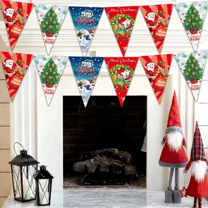 Festive Merry Christmas banner featuring Santa Claus and snowman patterns on flags