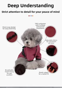Waterproof dog raincoat detail showing breathable mesh lining and 100% polyester fabric