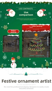 Comparison of before and after applying green Christmas tree window stickers on glass