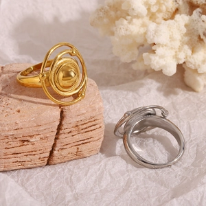 Detail of two-tone 18K gold plated stainless steel rings with concentric orb design