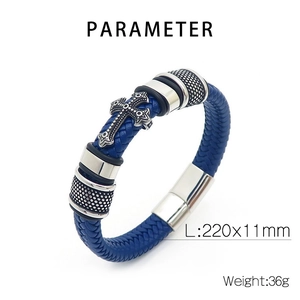 Bracelet en cuir tressé bleu avec croix argentée et fermoir magnétique, 220x11mm