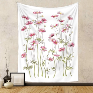 Bohemian floral wall tapestry with pink cosmos flowers on a minimalist white background