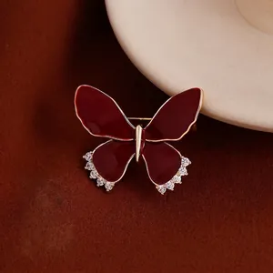 Elegant Butterfly Brooch Alloy With Red Enamel And Zircon Rhinestone Retro Pin Jewelry Accessory For Women