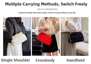 Three-way evening bag with 3D rose texture, metal ring handle and gold chain strap detail