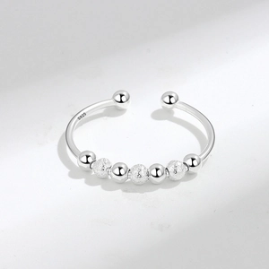 Minimalist S925 sterling silver adjustable anxiety ring with smooth and frosted beads