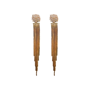 Elegant long gold tassel earrings with square cubic zirconia and minimalist silver pins