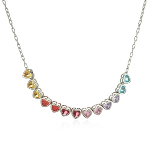 Rainbow heart gemstone necklace with colorful crystals on a silver chain pendant