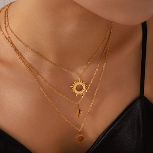 Three-layer 18K gold plated stainless steel necklace featuring sun and star pendants