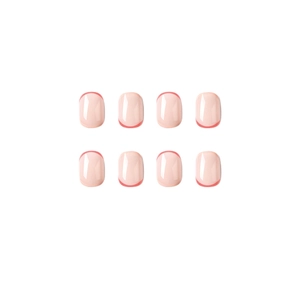 Short square press-on nails with nude pink base and thin red French tip design