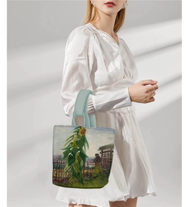 Detail of Van Gogh style oil painting printed tote bag with light blue thick handle