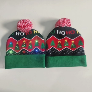 Detail of LED Christmas knit hat showing colorful lights and HO HO HO knitted patterns