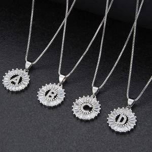Silver letter pendants A B C D with cubic zirconia on thin box chains for women