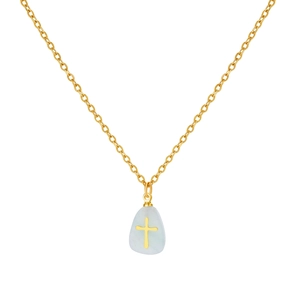Detailed view of a gold chain necklace with a light blue stone and cross pendant