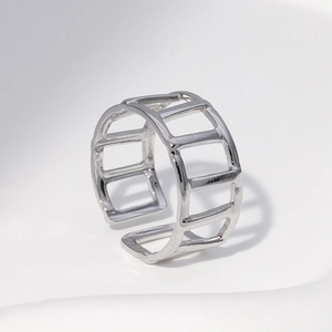 Silver hollow rectangle geometric pattern open ring in 18k gold plated stainless steel