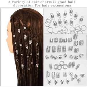 Detail view showing variety of silver metal hair charms and cuffs for DIY dreadlock styling