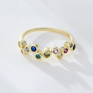 Elegant gold plated S925 silver ring featuring colorful zircon stones in a rainbow pattern