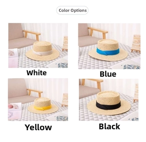 Flat top straw sun hats in white, blue, yellow, and black colors for summer beach