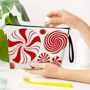 Christmas Candy Makeup Bag Linen Cosmetic Pouch With Zipper And Wristlet Portable Travel Storage Organizer For Women