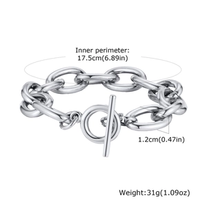 Detail view of chunky stainless steel chain bracelet showing 17.5cm length and dimensions