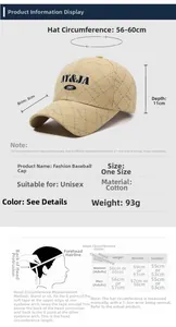 Size chart for adjustable cotton baseball cap showing 56-60cm circumference and measurements