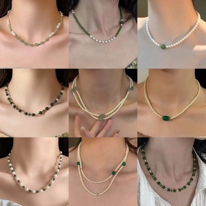 Vintage Imitation Artificial Pearl Natural Stone Pendant Necklace Gold Plated Alloy Choker Beaded Jewelry For Women Elegant
