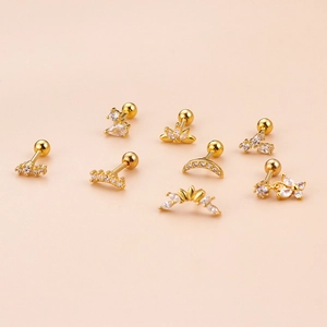 7-piece gold stainless steel cartilage earrings set with moon crown and zircon butterfly
