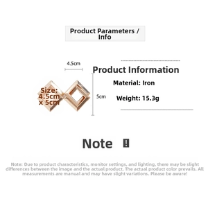 Detail of geometric cutout metal earrings with 4.5cm by 5cm dimensions and iron material