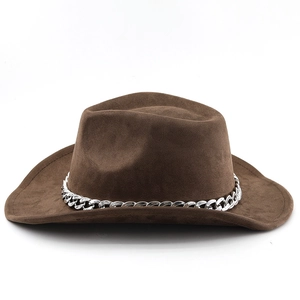Detail of dark brown suede cowboy hat featuring a bold silver-tone metal chain accent