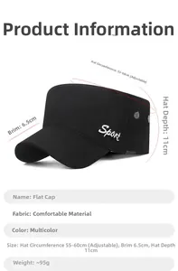 Detailed size chart for black adjustable cotton tactical cap with Sport embroidery